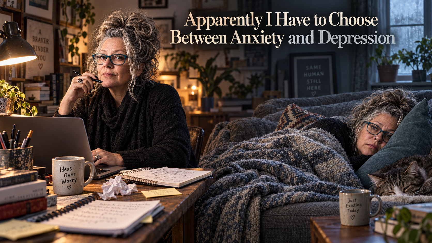 Emma Marnie balancing restless creativity at her desk with emotional exhaustion on the sofa