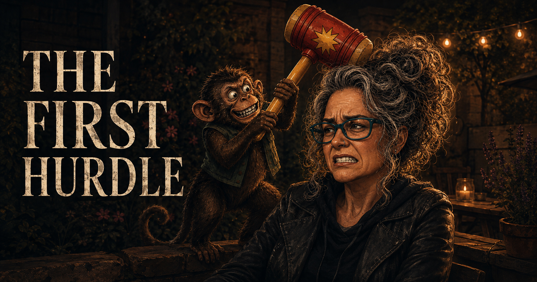 Dark illustrated portrait of Emma gritting her teeth while a cheeky monkey taps her head with an inflatable squeaky hammer