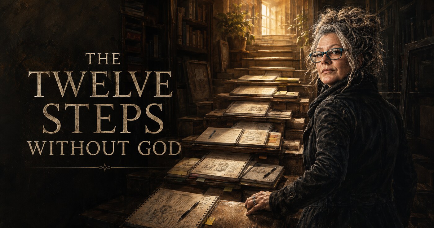Emma Marnie beside a staircase made from practical notebooks and plans