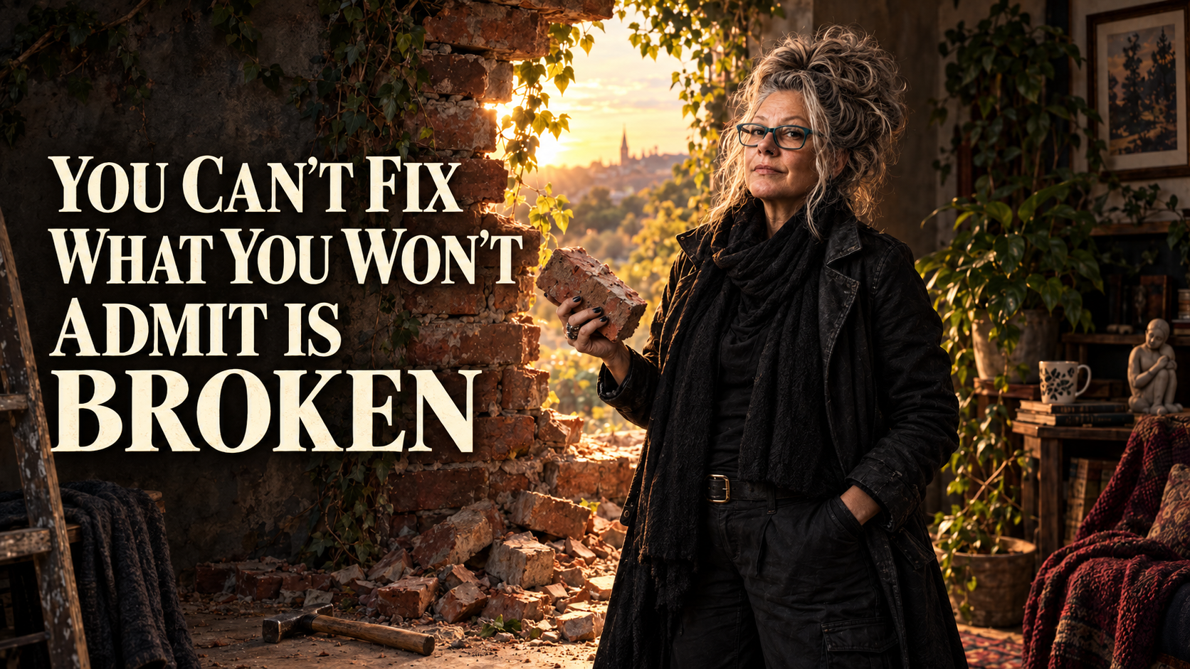 Emma Marnie, with grey hair swept into a loose updo and wearing glasses, removing a brick from a wall as warm daylight breaks through